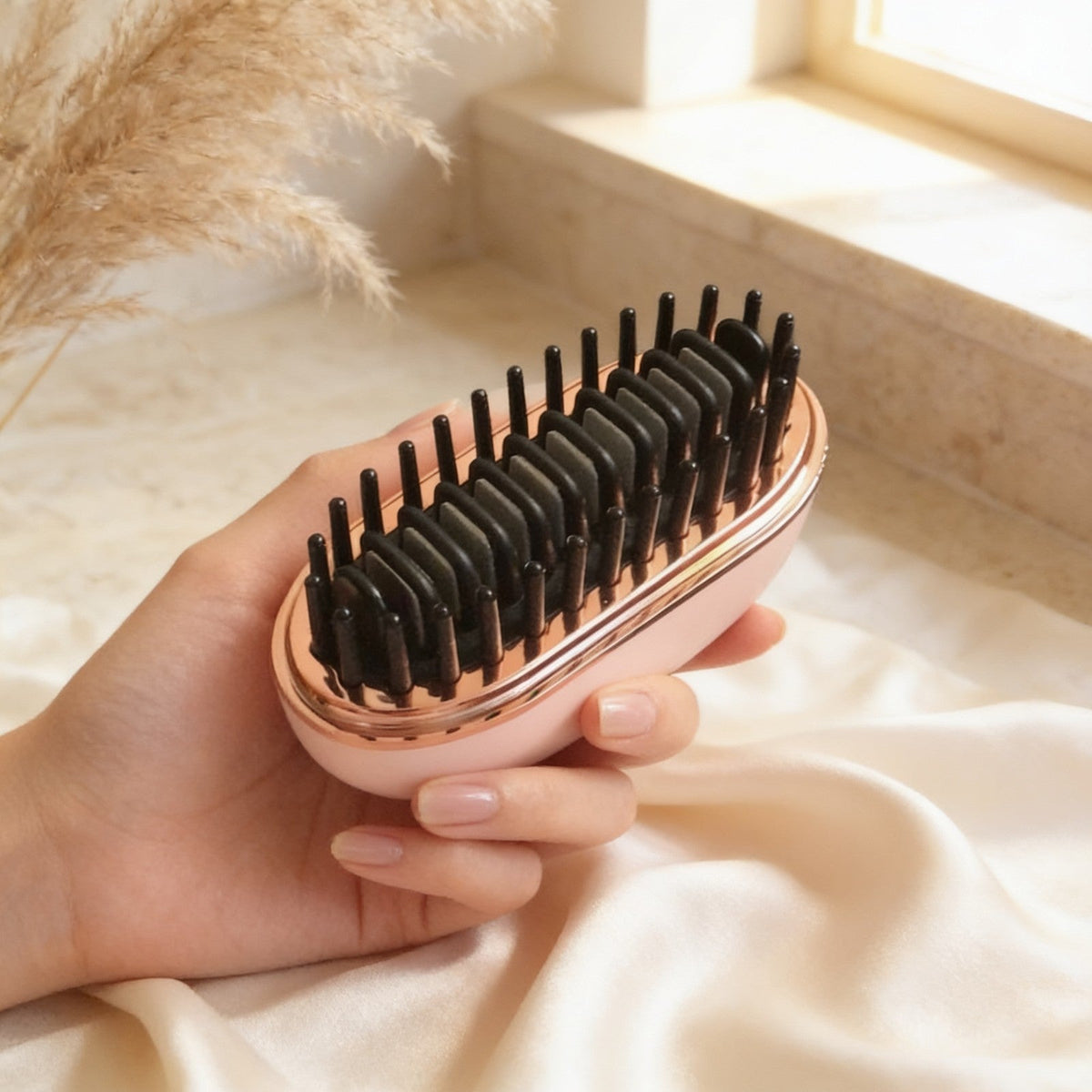 Pink cordless mini hair straightener brush in hand, a portable anti-frizz straightening comb for moms