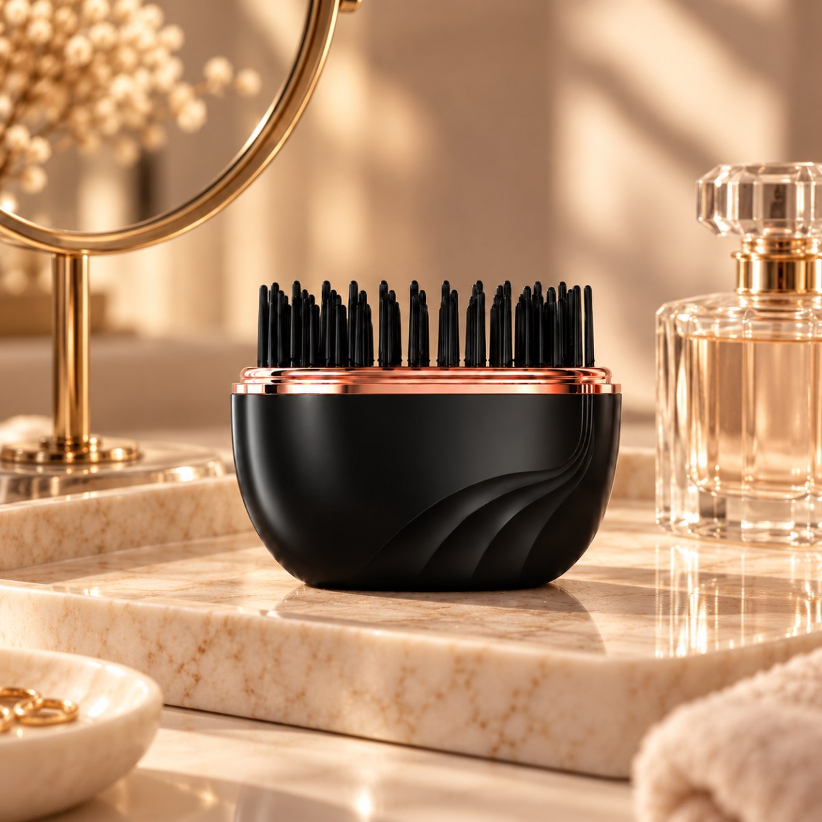 Haurra black cordless mini straightener brush on a marble vanity