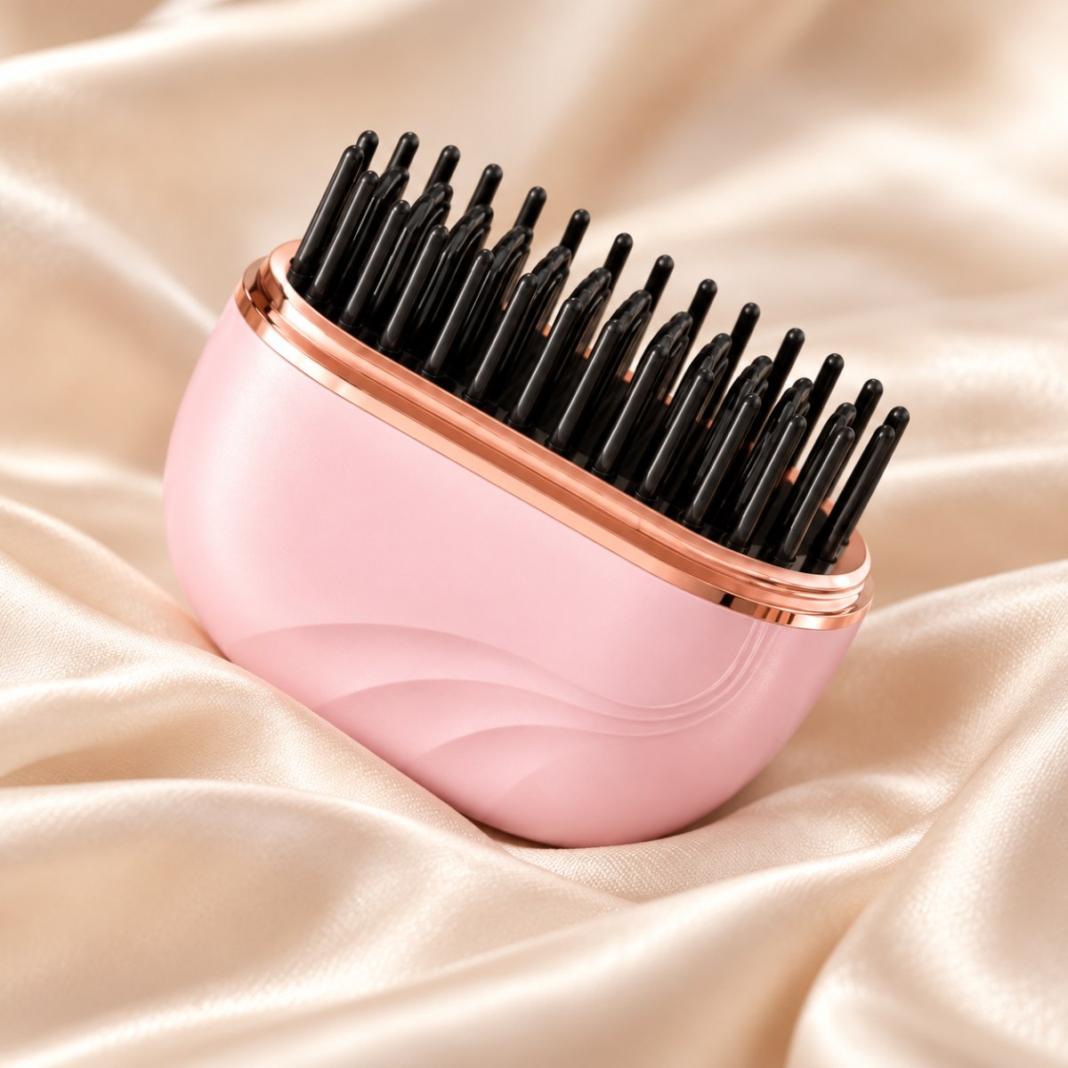 Close-up of the Haurra pink cordless mini straightener brush with ceramic bristles