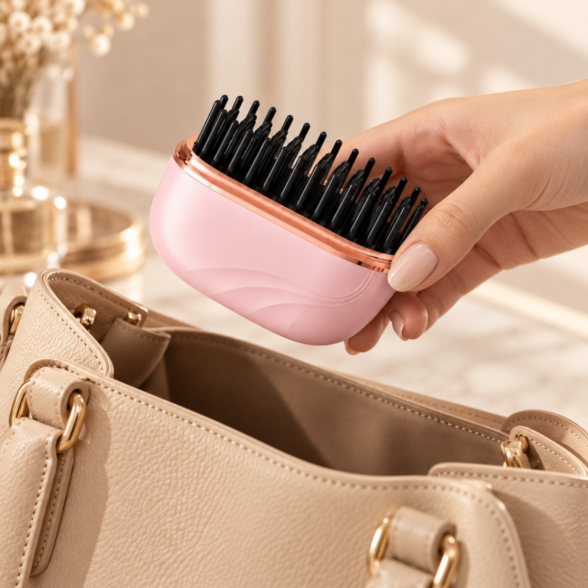 Portable travel hair straightener brush in pink being packed into a handbag